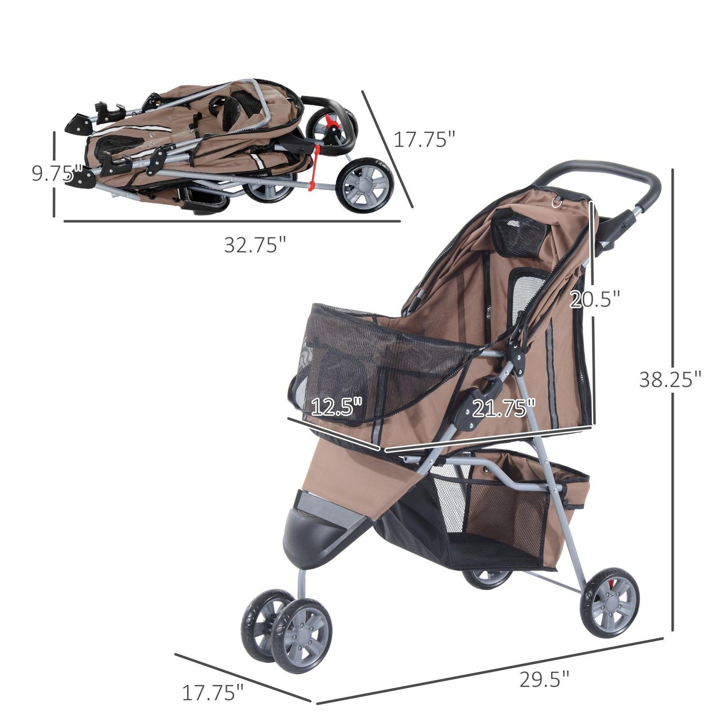 Pawhut Dog Pram: 3-Wheel Travel Stroller (Coffee) - ALL4U RETAILER LTD