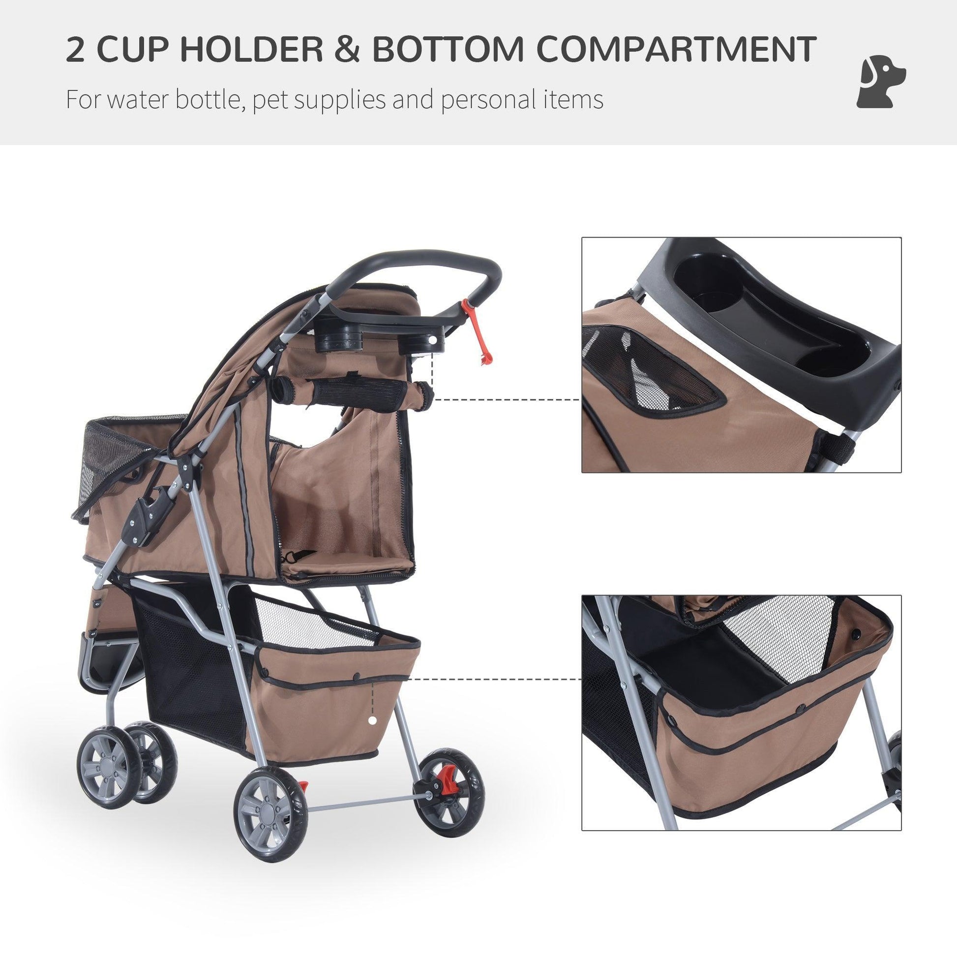 Pawhut Dog Pram: 3-Wheel Travel Stroller (Coffee) - ALL4U RETAILER LTD