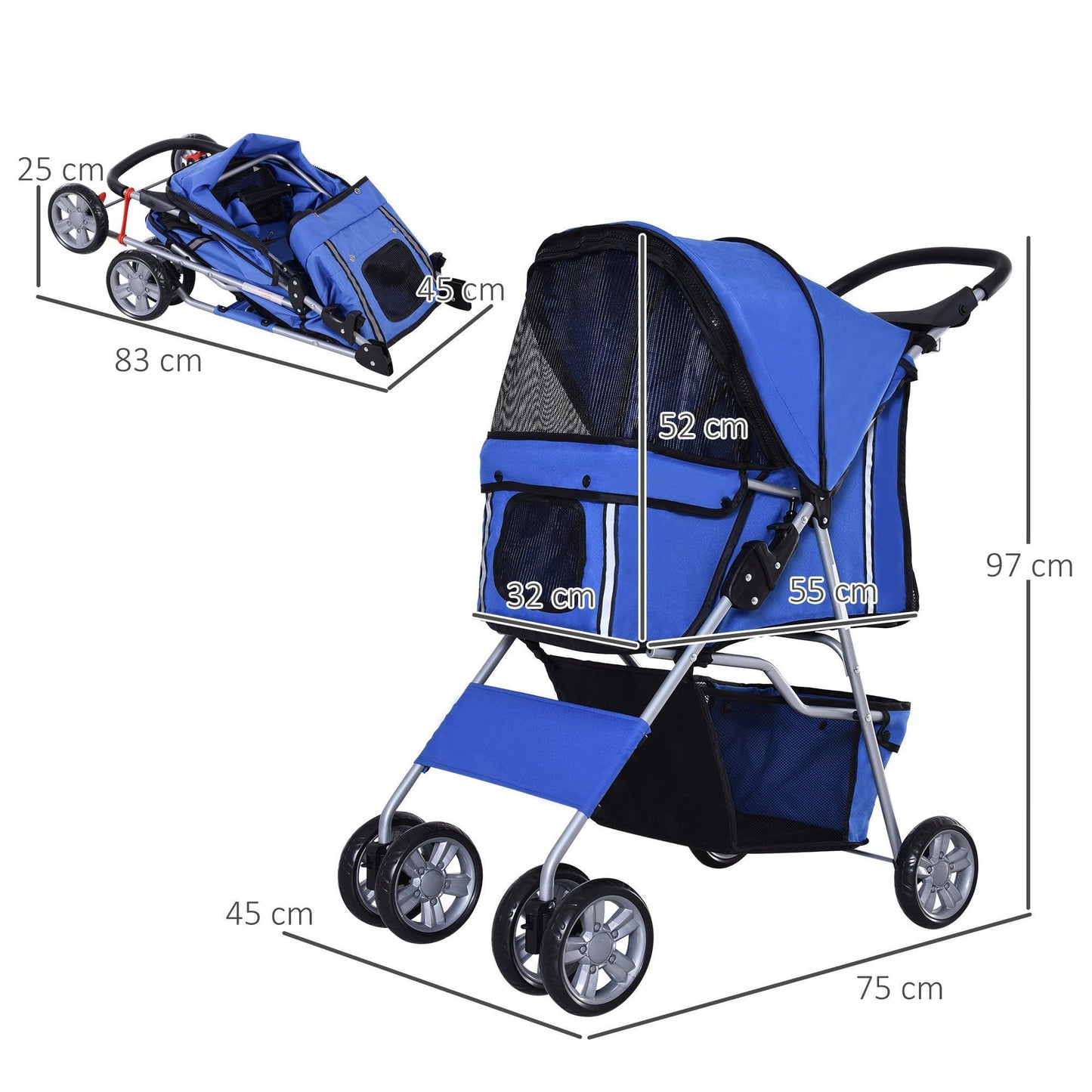 PawHut Dog Pram Travel Stroller with Wheels - Blue - ALL4U RETAILER LTD