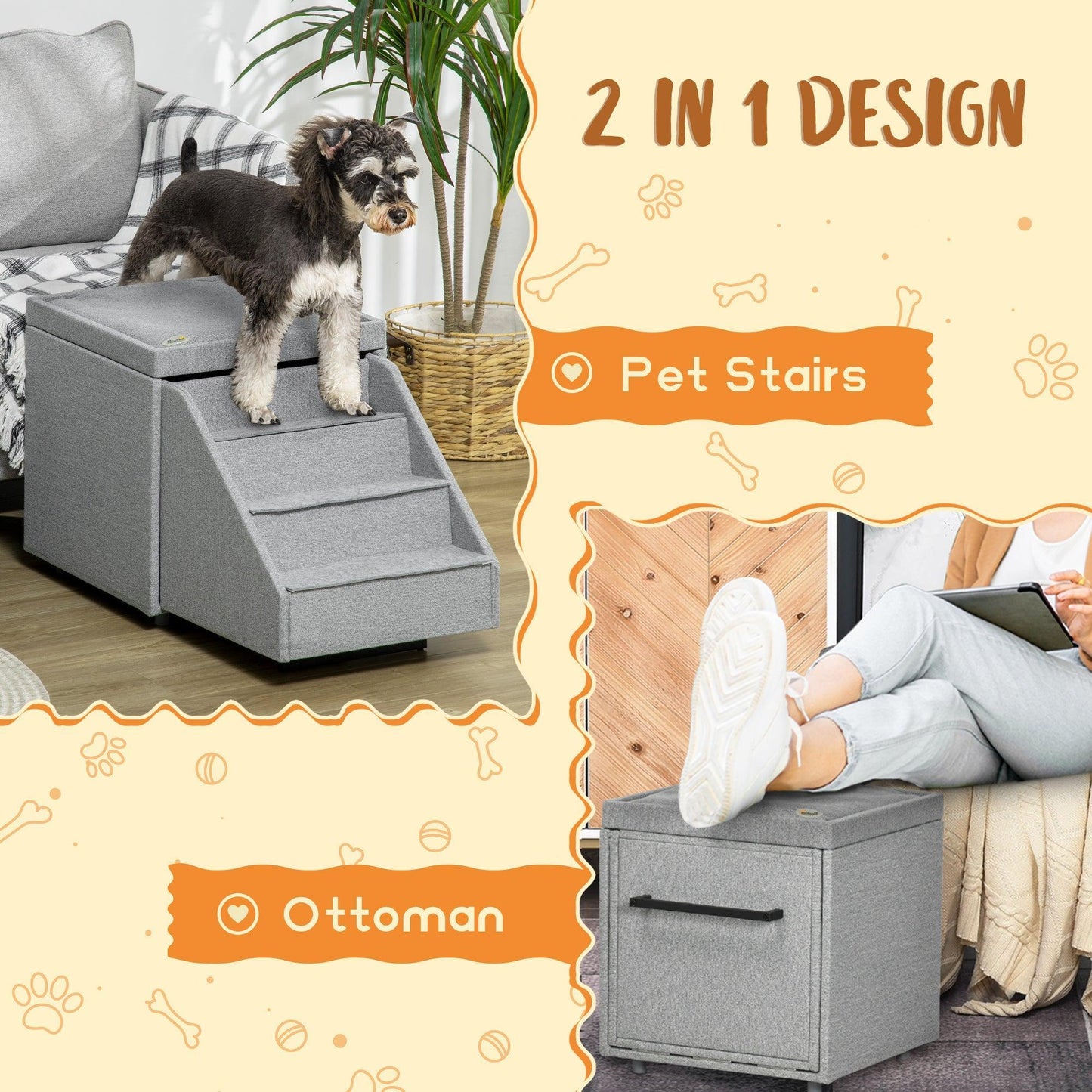 PawHut Dog Steps Ottoman - 4-Tier Pet Stairs and Storage - ALL4U RETAILER LTD