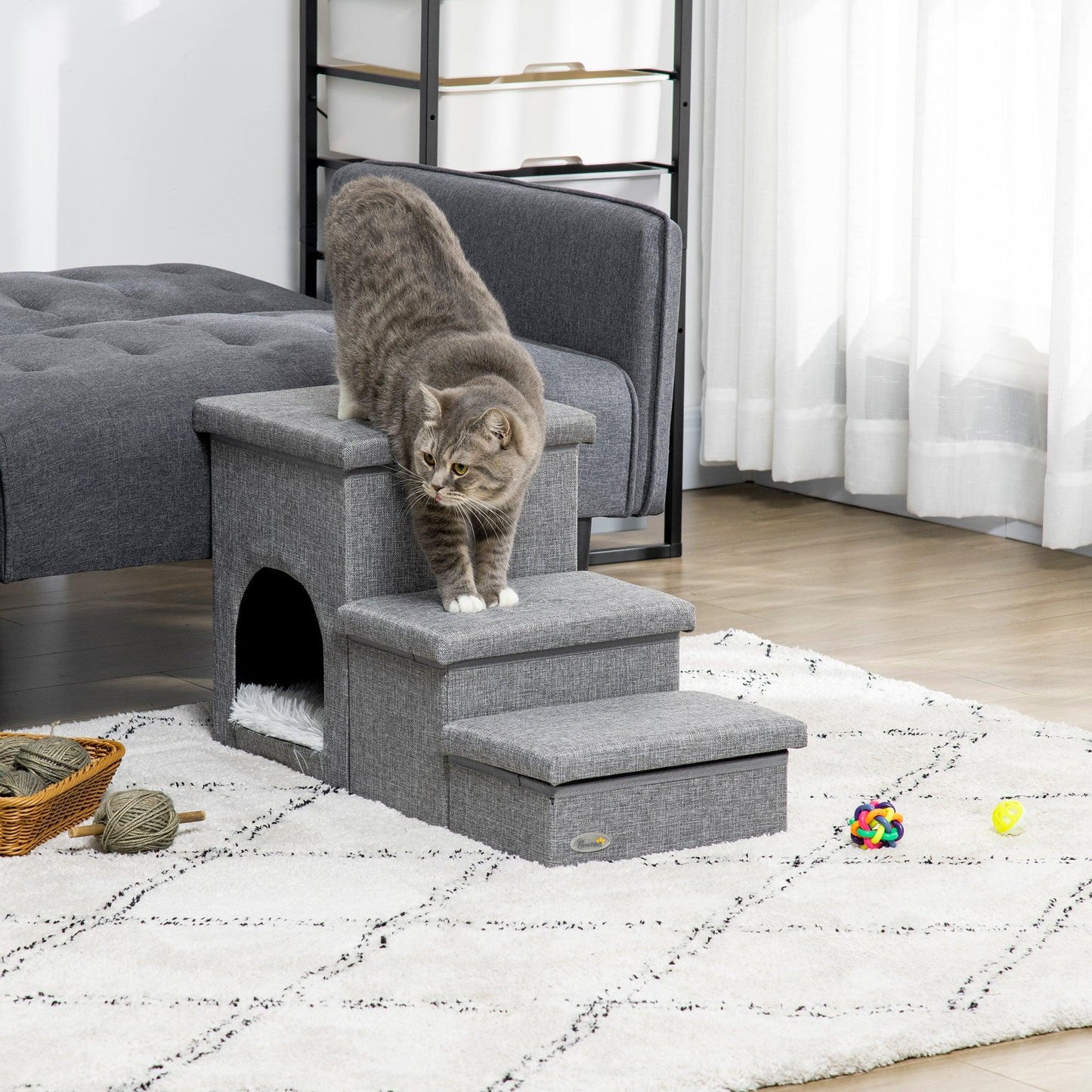 PawHut Dog Steps with Kitten House & Storage - 3 Step - ALL4U RETAILER LTD