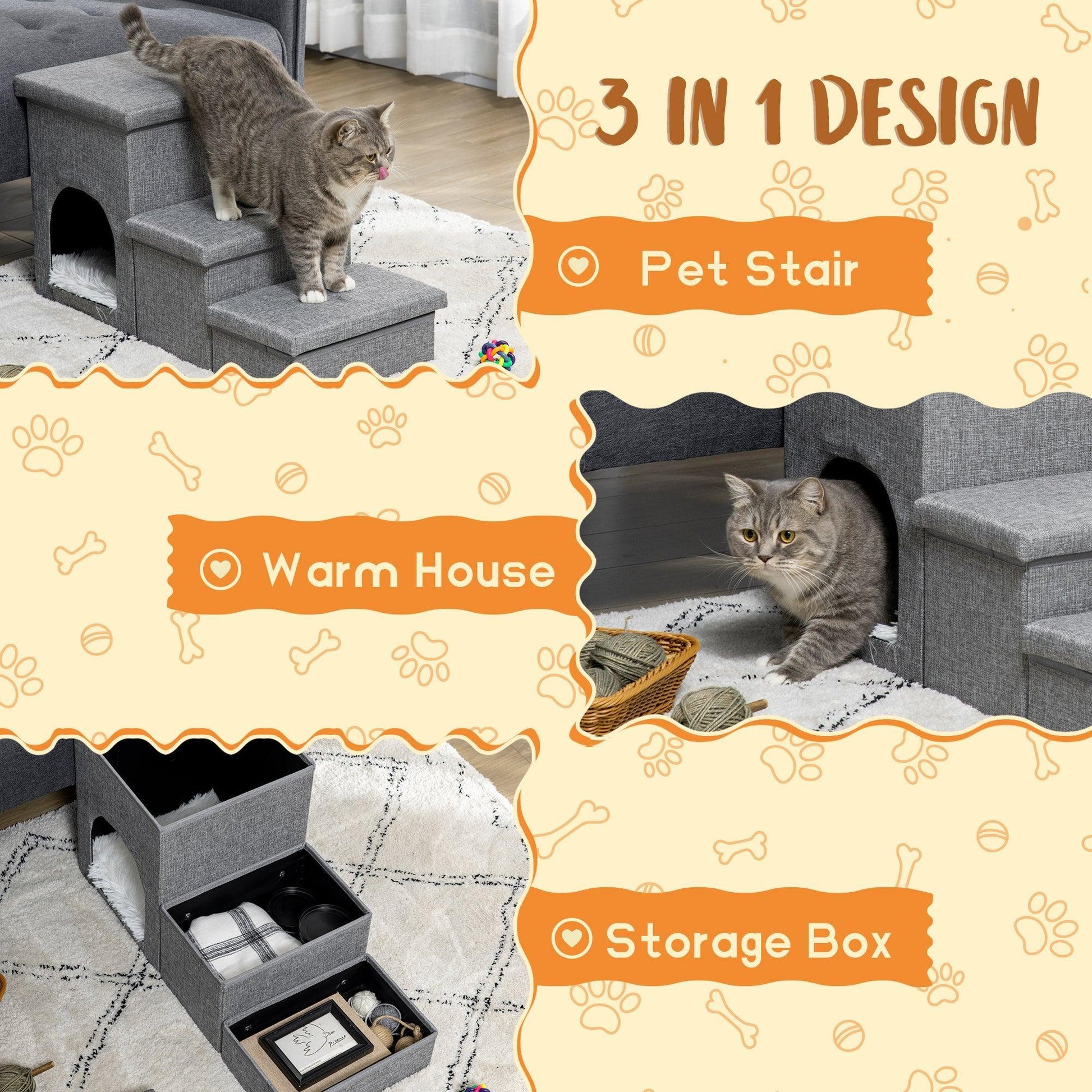 PawHut Dog Steps with Kitten House & Storage - 3 Step - ALL4U RETAILER LTD