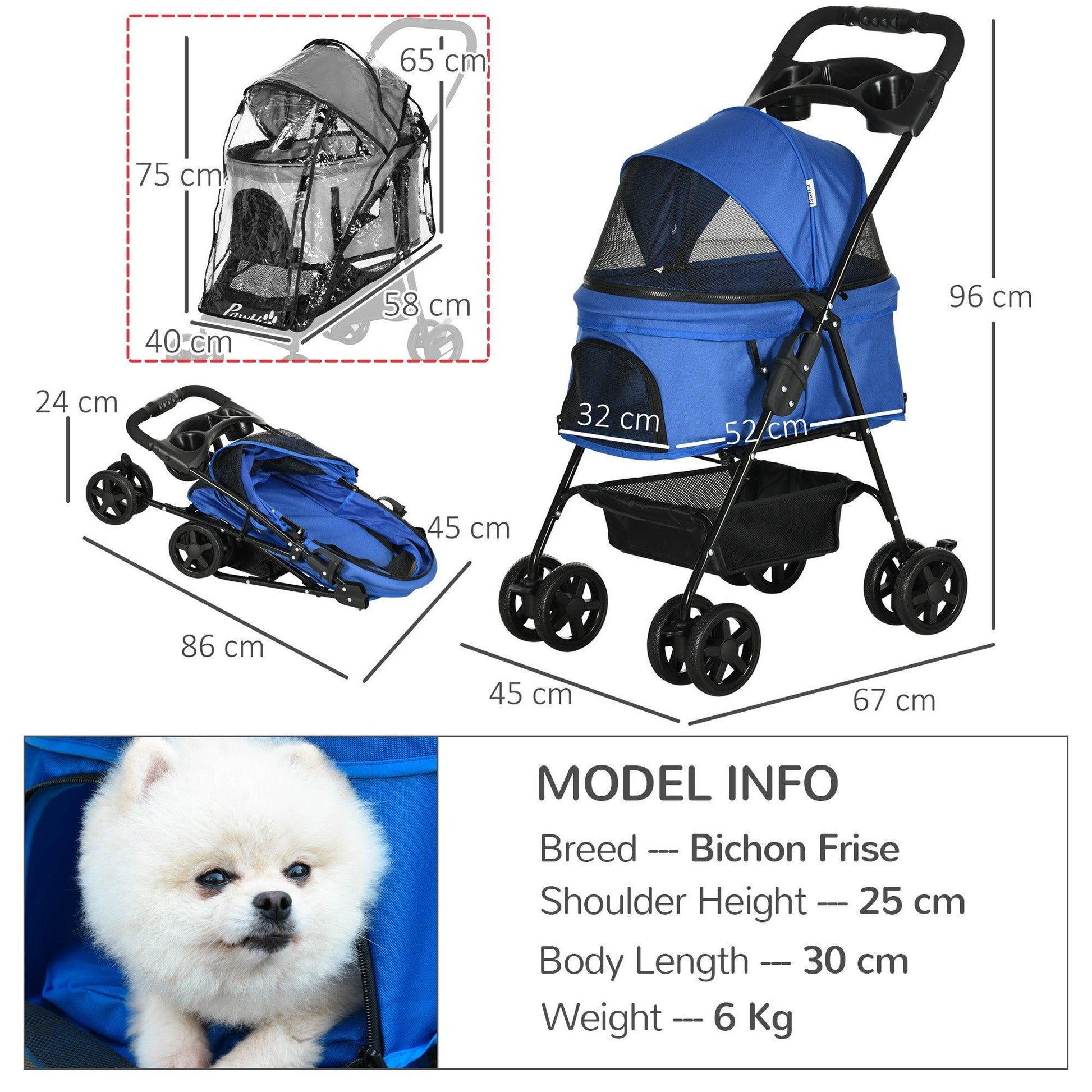 PawHut Dog Stroller with Rain Cover, Blue - ALL4U RETAILER LTD