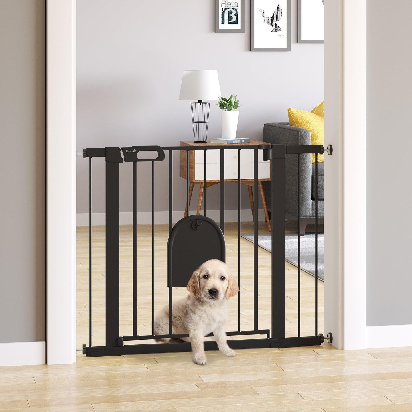 PawHut Extra Wide Pet Safety Gate with Door - Black - ALL4U RETAILER LTD