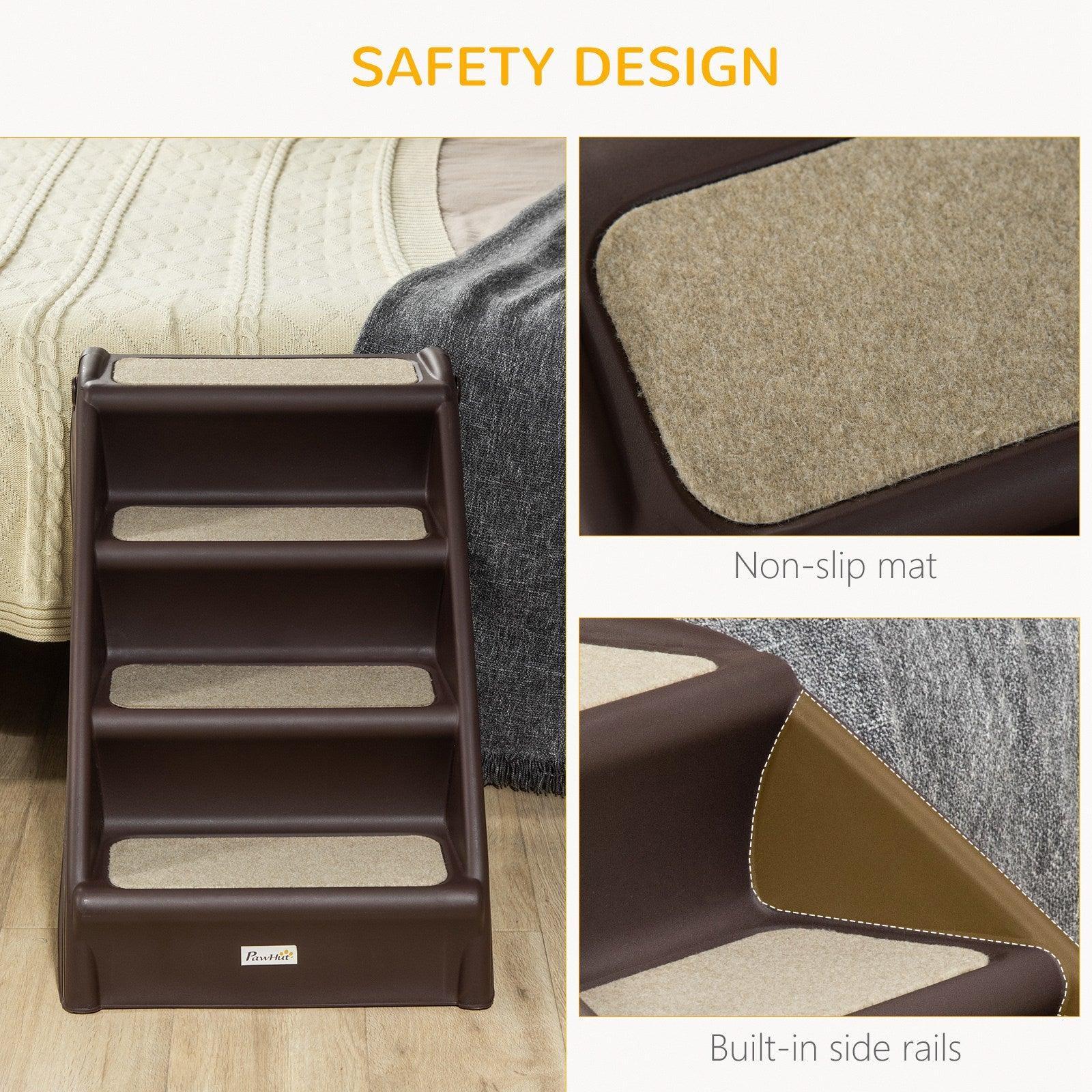 PawHut Foldable Pet Stairs, 4-Step for Cats & Small Dogs, Dark Brown - ALL4U RETAILER LTD