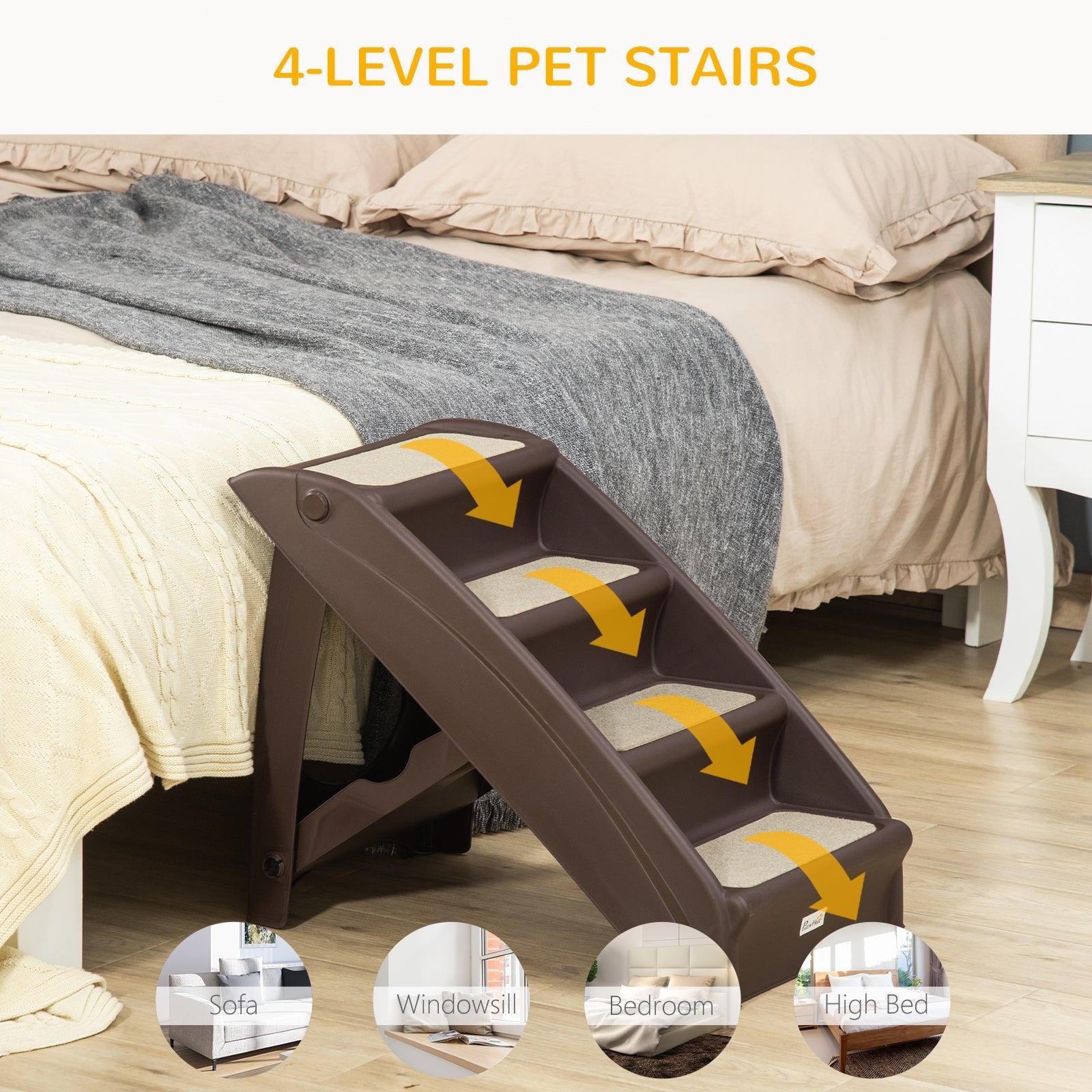 PawHut Foldable Pet Stairs, 4-Step for Cats & Small Dogs, Dark Brown - ALL4U RETAILER LTD