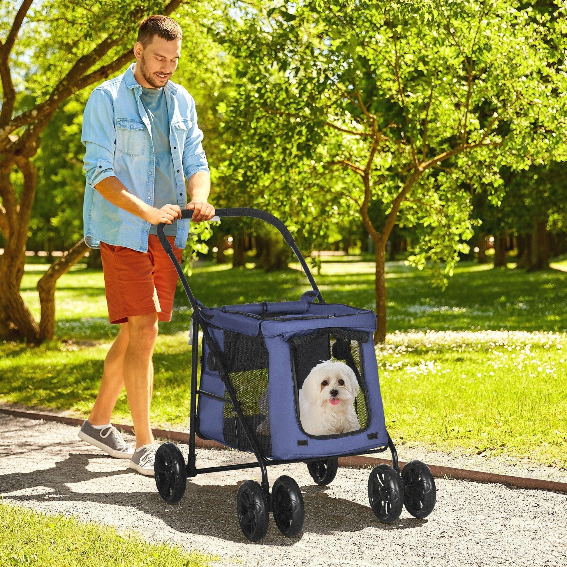 PawHut Foldable Pet Stroller with Storage Bags, Dark Blue - ALL4U RETAILER LTD