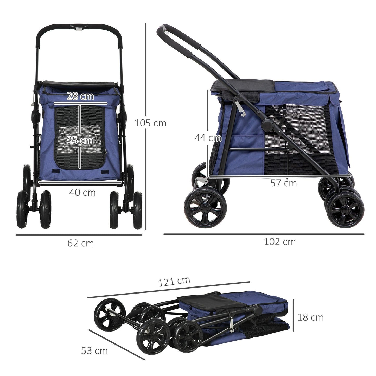 PawHut Foldable Pet Stroller with Storage Bags, Dark Blue - ALL4U RETAILER LTD