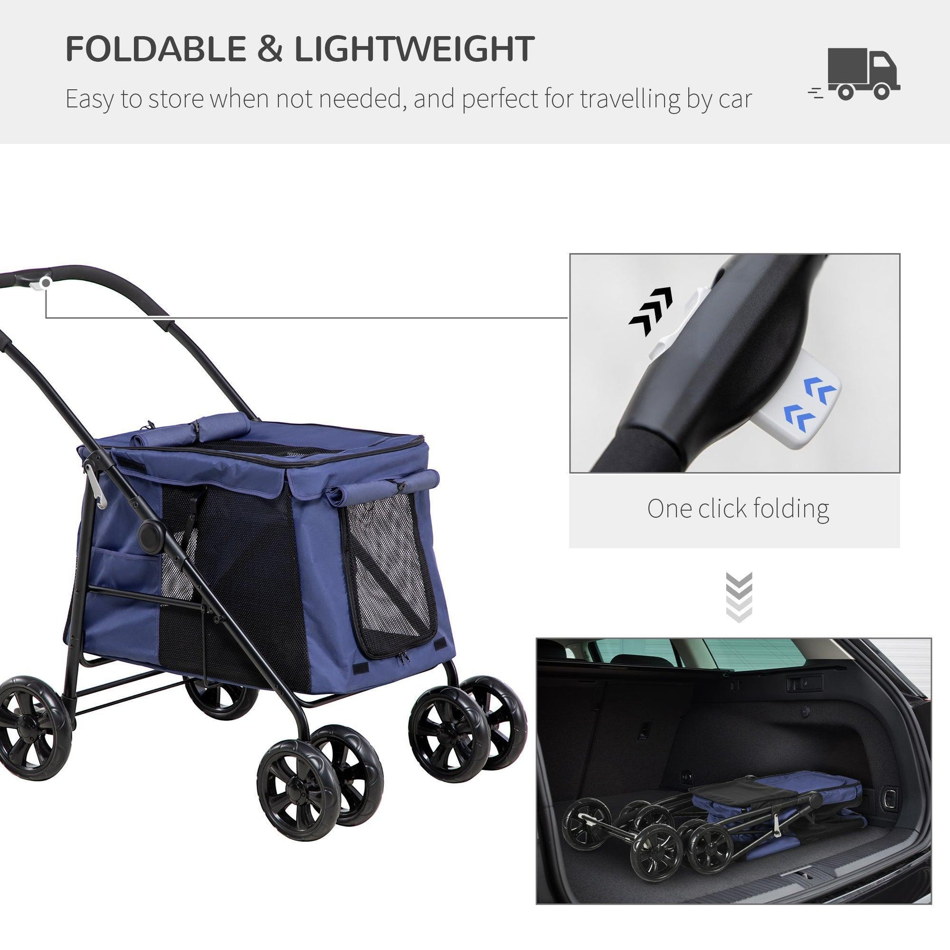 PawHut Foldable Pet Stroller with Storage Bags, Dark Blue - ALL4U RETAILER LTD