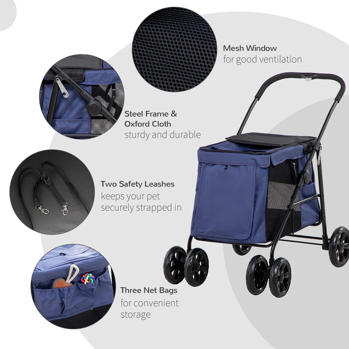 PawHut Foldable Pet Stroller with Storage Bags, Dark Blue - ALL4U RETAILER LTD