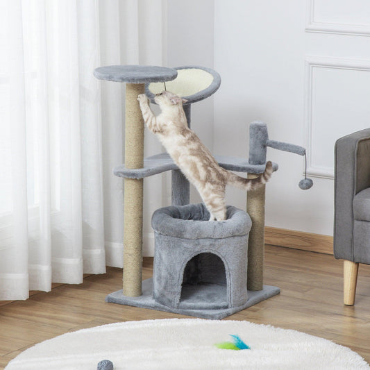 PawHut Grey Cat Tree with Bed & Toy - ALL4U RETAILER LTD