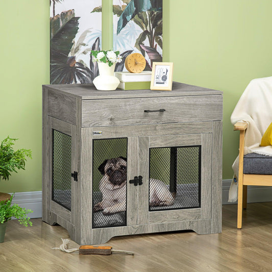 PawHut Grey Dog Crate Furniture - Stylish Kennel - ALL4U RETAILER LTD