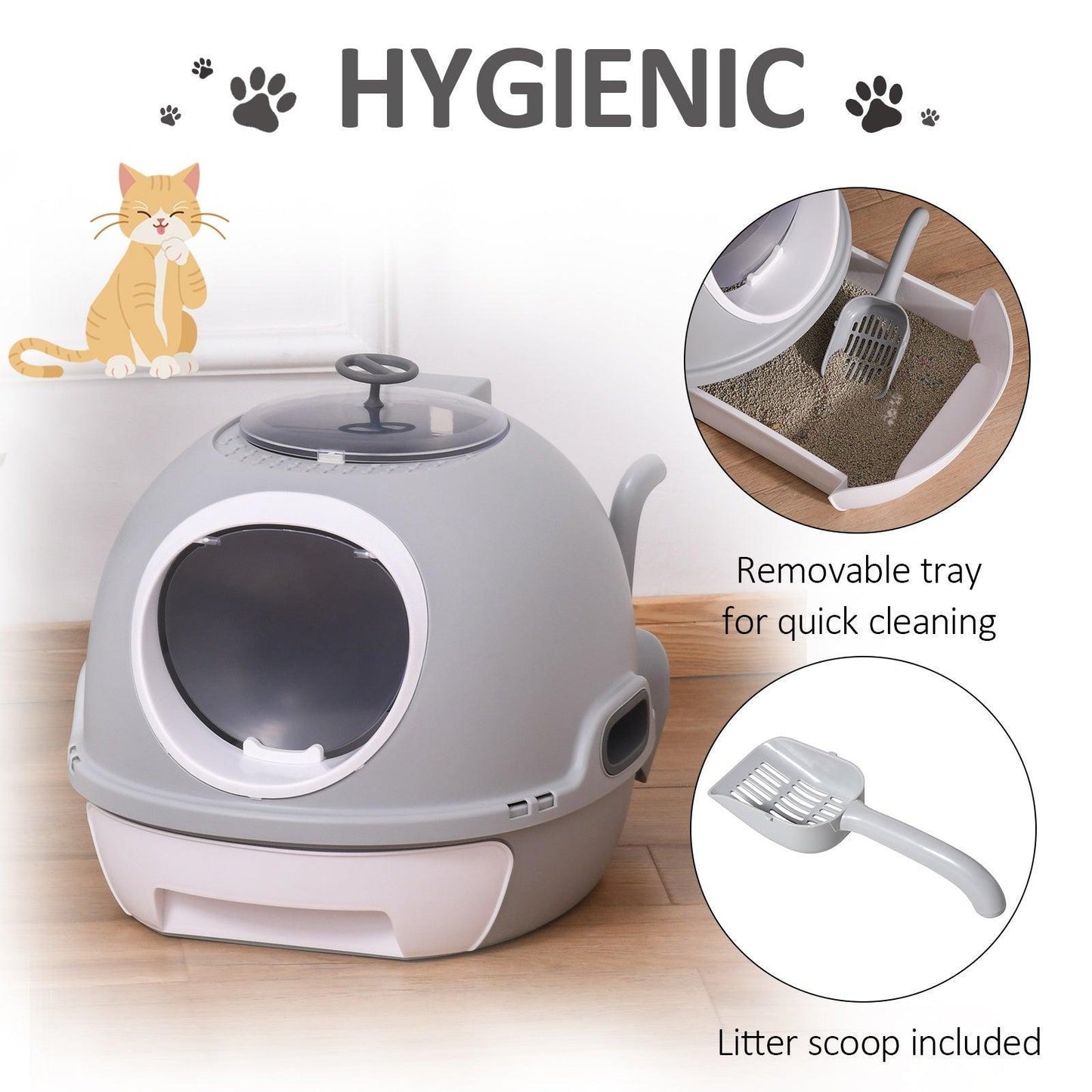 PawHut Grey Enclosed Cat Litter Box - Easy Clean - ALL4U RETAILER LTD