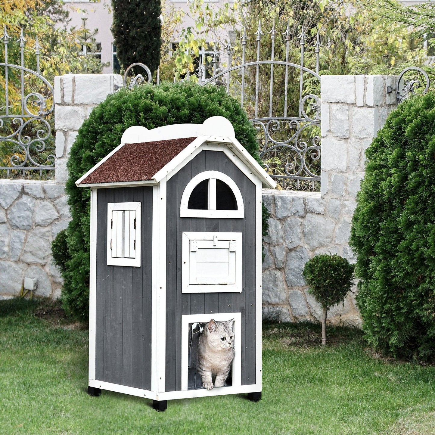 PawHut Grey Weatherproof Cat House - 2 Floors - ALL4U RETAILER LTD