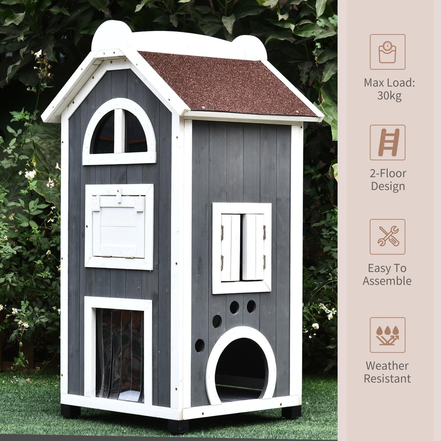 PawHut Grey Weatherproof Cat House - 2 Floors - ALL4U RETAILER LTD