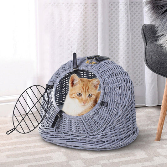 PawHut Grey Wicker Cat Carrier - Plush Cushion - ALL4U RETAILER LTD