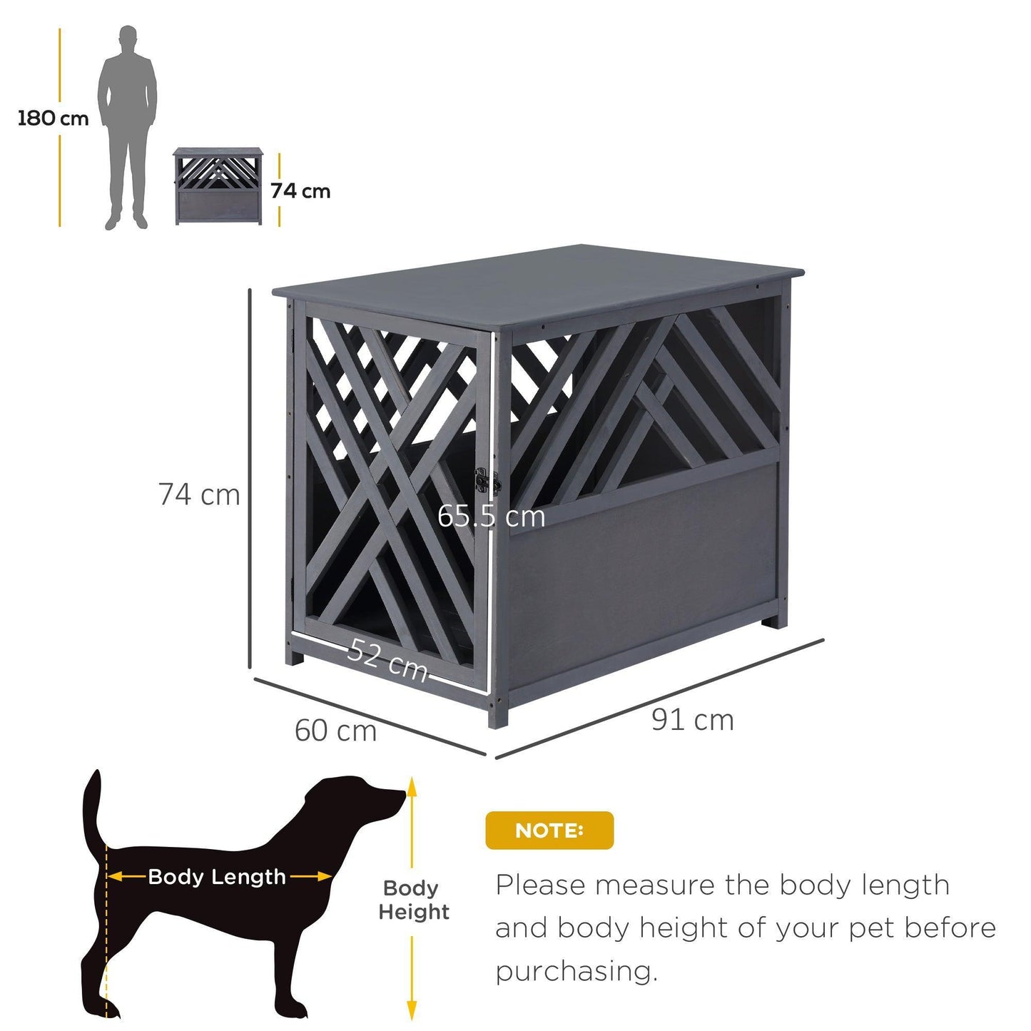 PawHut Grey Wooden Dog Crate 60x91x74 cm - ALL4U RETAILER LTD