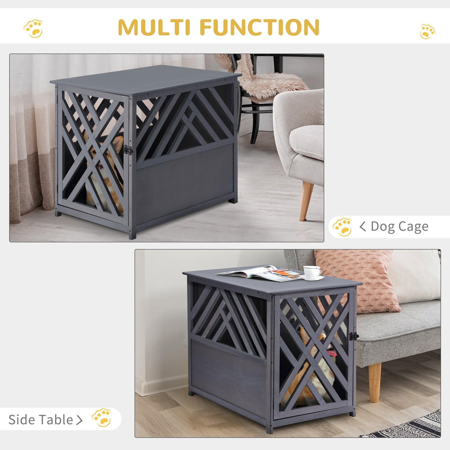 PawHut Grey Wooden Dog Crate 60x91x74 cm - ALL4U RETAILER LTD