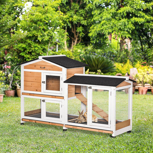 PawHut Mobile Wooden Rabbit Hutch with Run - ALL4U RETAILER LTD