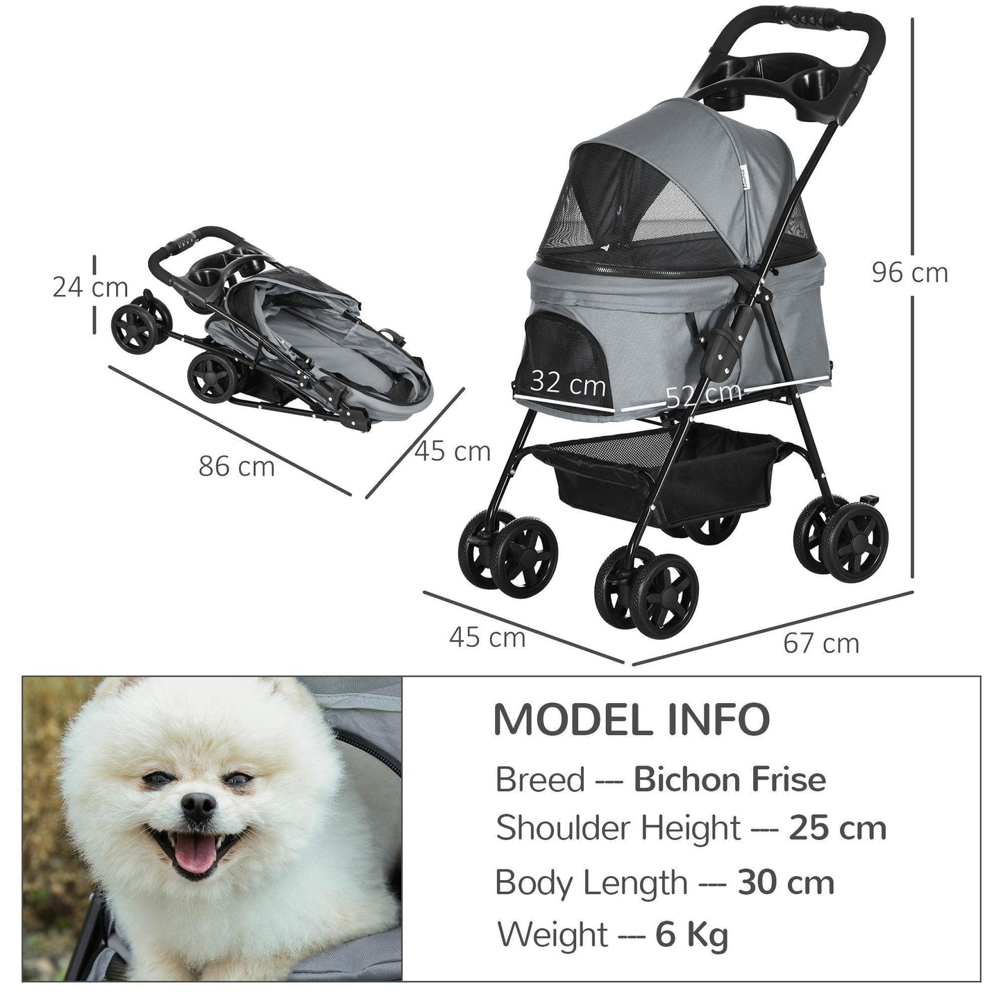 PawHut Easy Fold Pet Stroller with Brake and Canopy - ALL4U RETAILER LTD