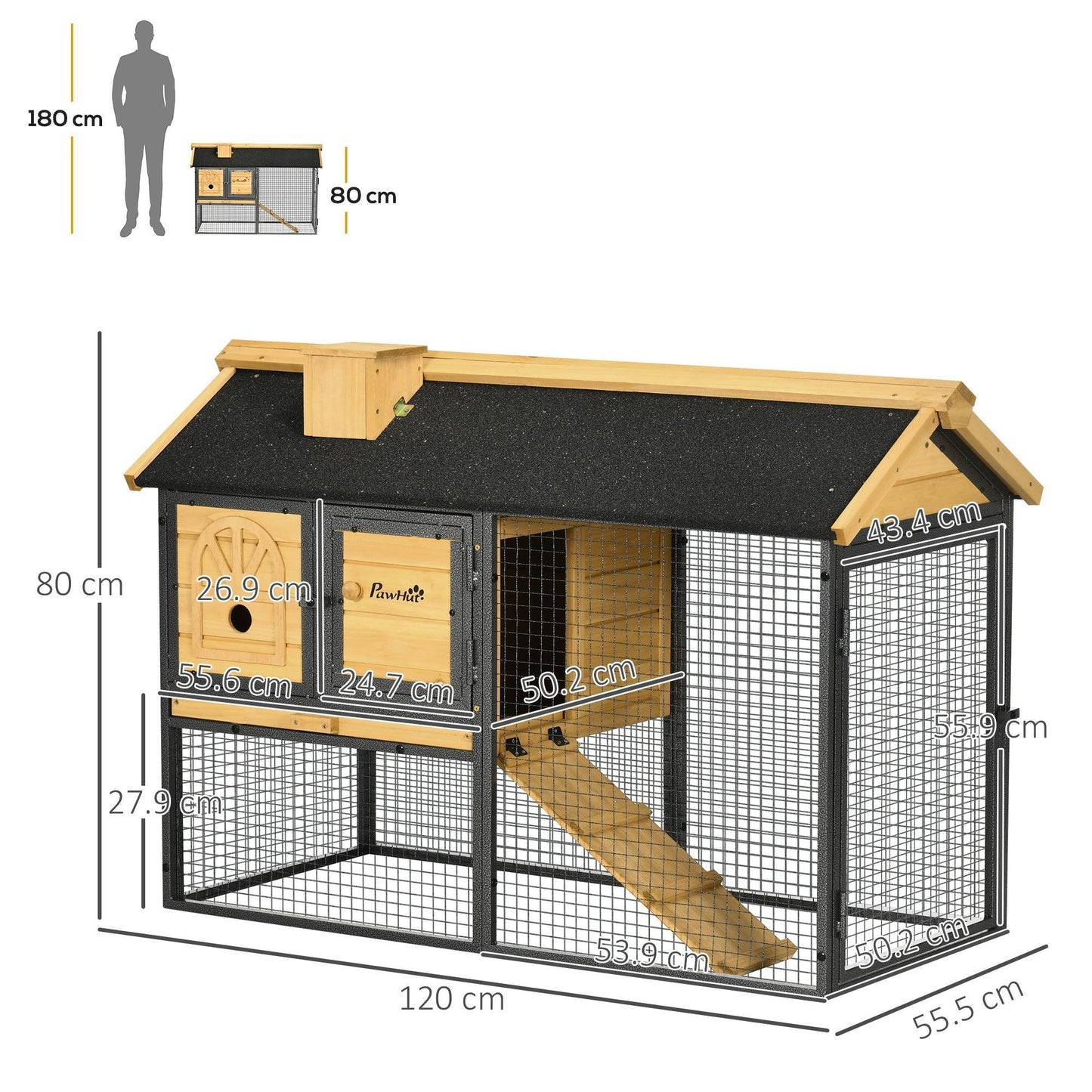 PawHut Outdoor Bunny Cage with Run, Removable Tray, 120x55.5x80 cm - ALL4U RETAILER LTD