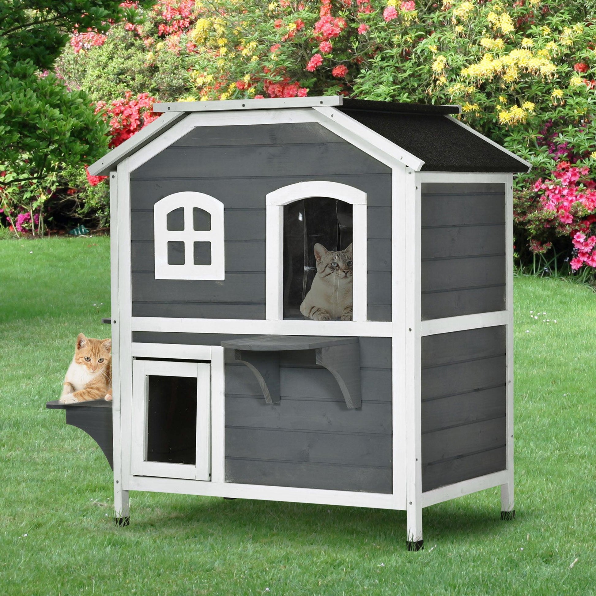 PawHut Outdoor Cat House - Waterproof, 2-Floor Villa - ALL4U RETAILER LTD