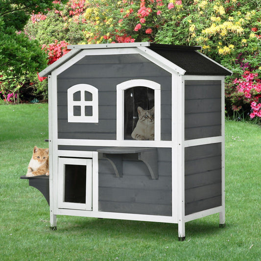 PawHut Outdoor Cat House - Waterproof, 2-Floor Villa - ALL4U RETAILER LTD