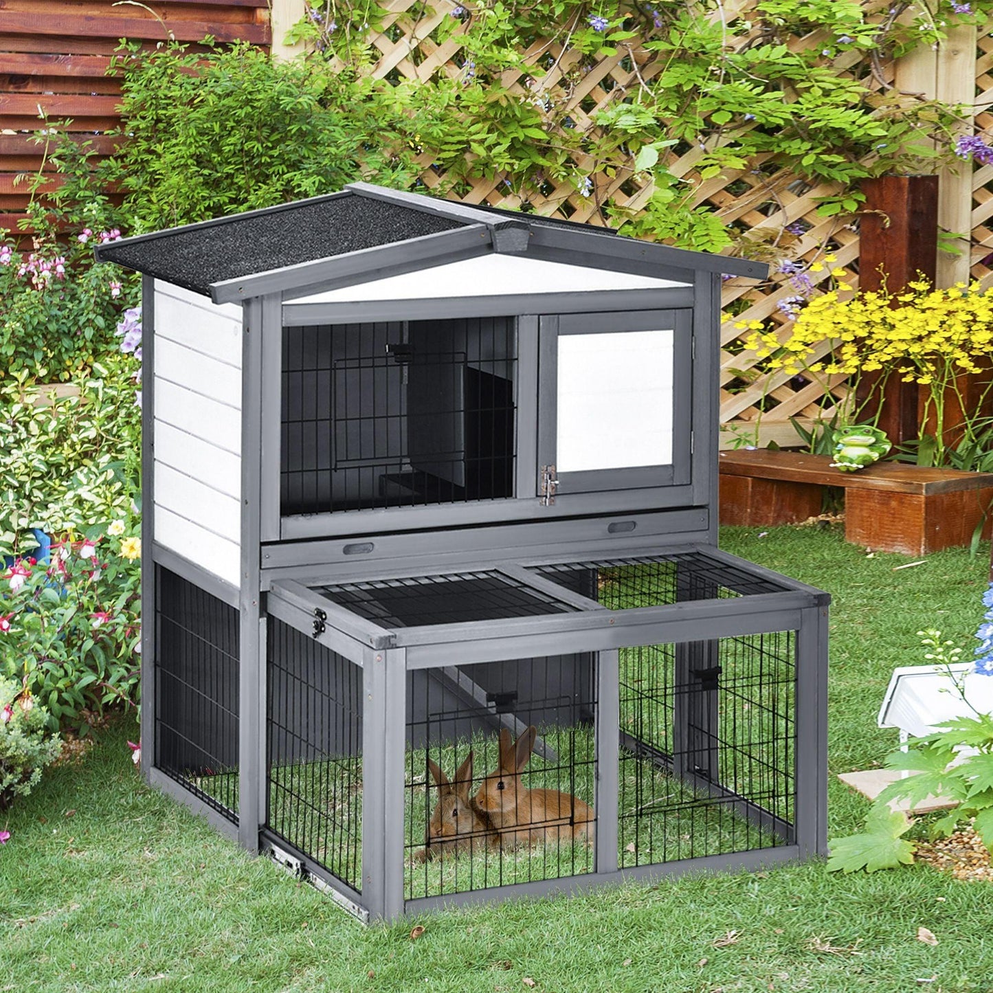 PawHut Outdoor Rabbit Hutch - Small Animal Cage, Grey - ALL4U RETAILER LTD