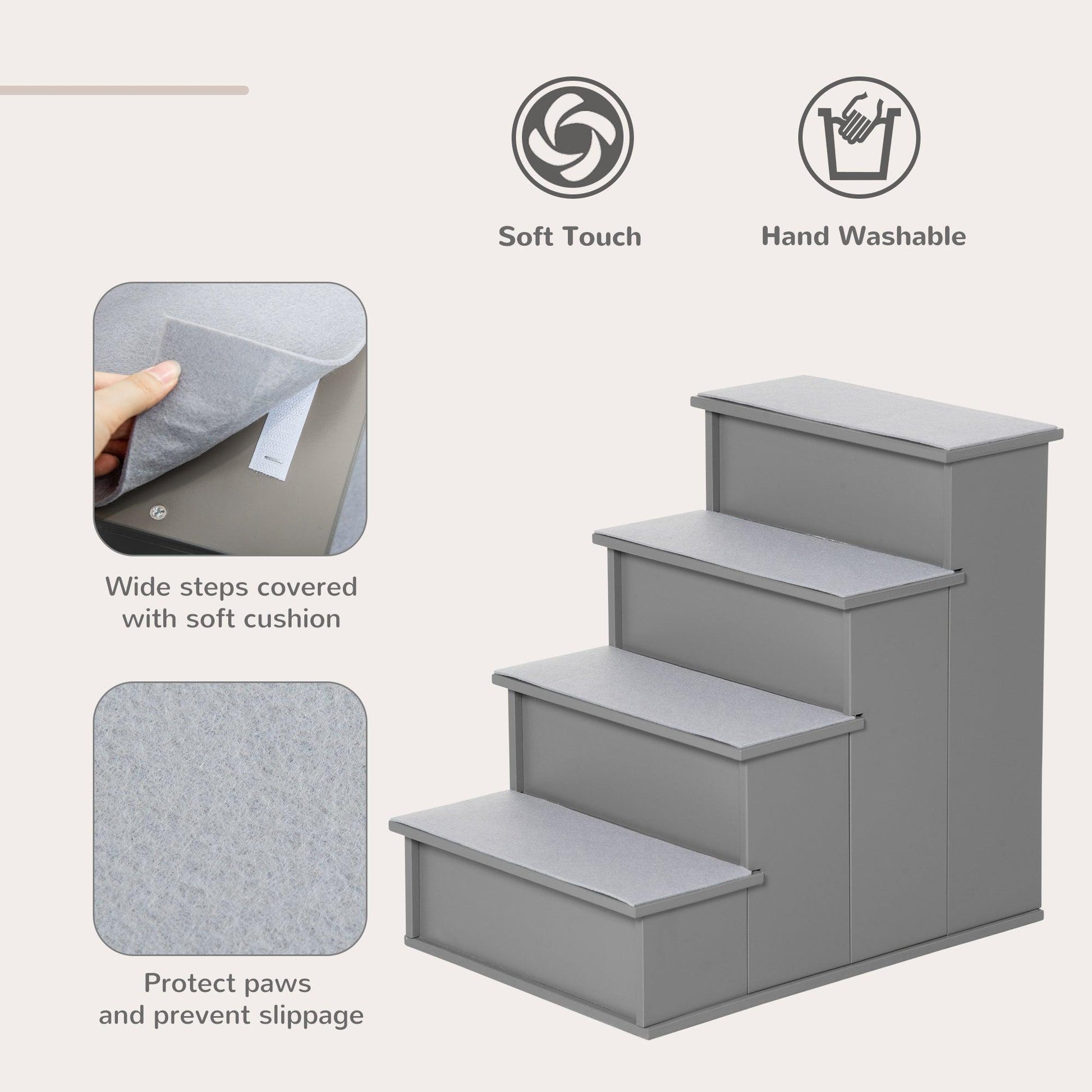 PawHut Pet Ramp Steps with Non-Slip Carpet, 4 Wooden Cushioned Stairs - ALL4U RETAILER LTD