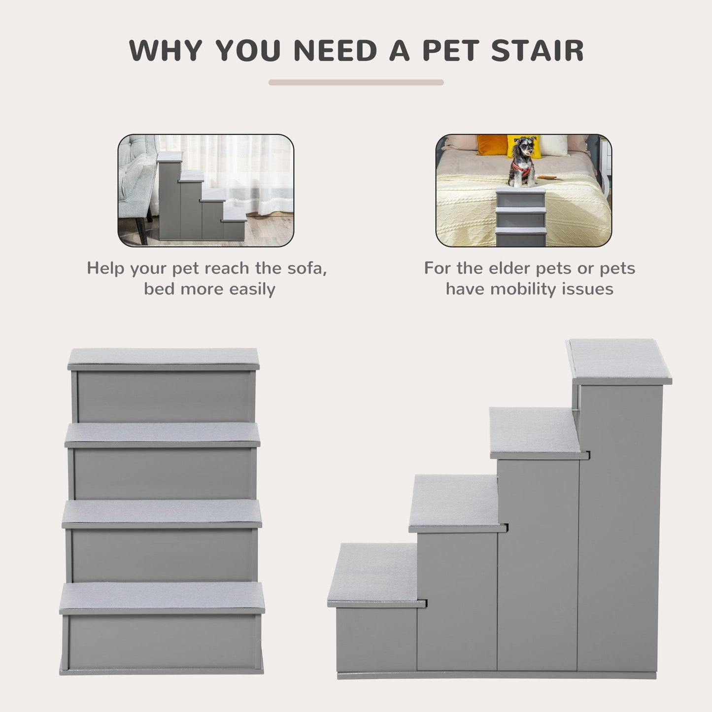 PawHut Pet Ramp Steps with Non-Slip Carpet, 4 Wooden Cushioned Stairs - ALL4U RETAILER LTD