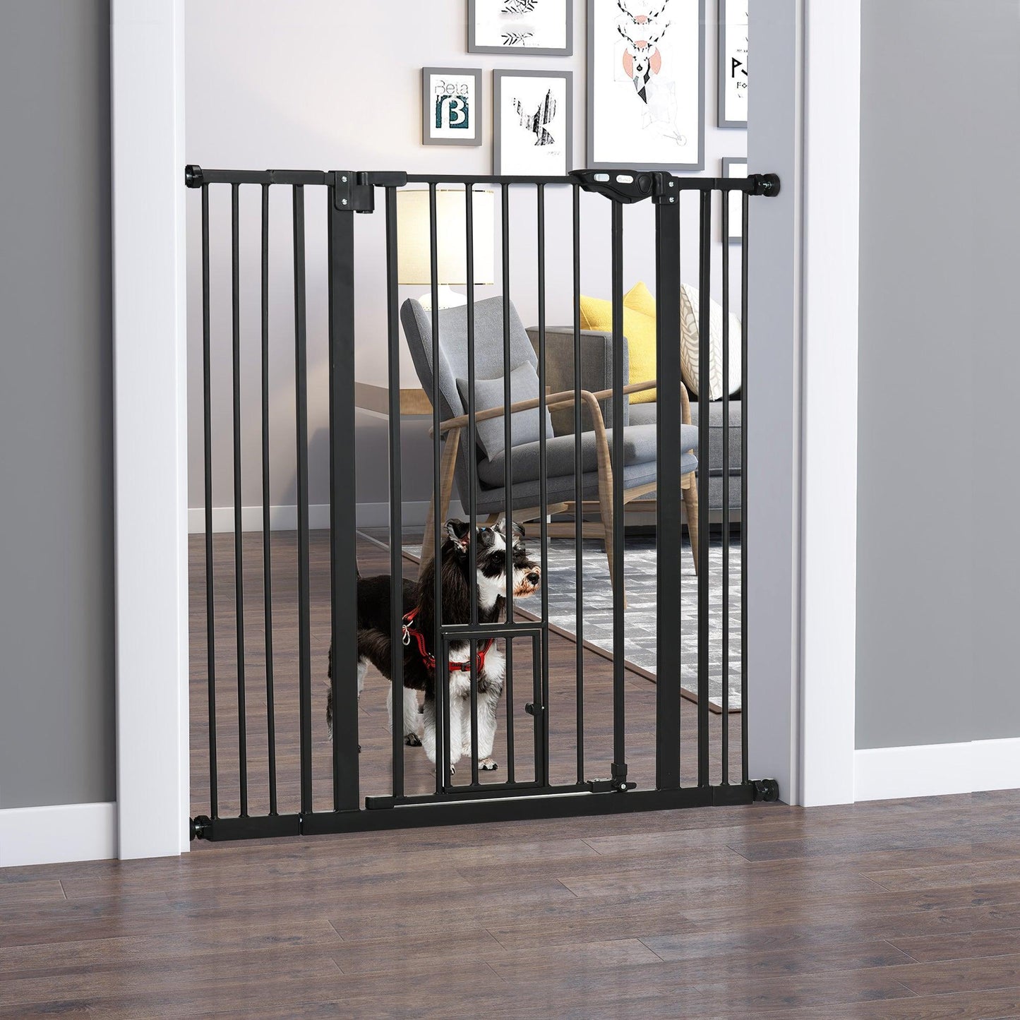 PawHut Pet Safety Gate with Cat Flap – 74-101cm Wide (Black) - ALL4U RETAILER LTD