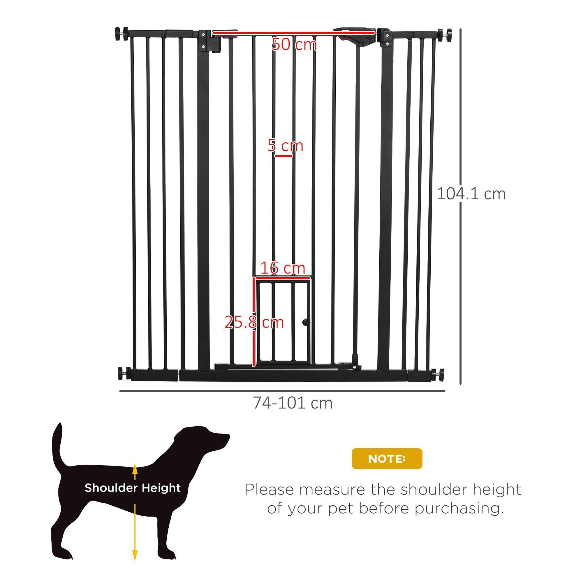 PawHut Pet Safety Gate with Cat Flap – 74-101cm Wide (Black) - ALL4U RETAILER LTD