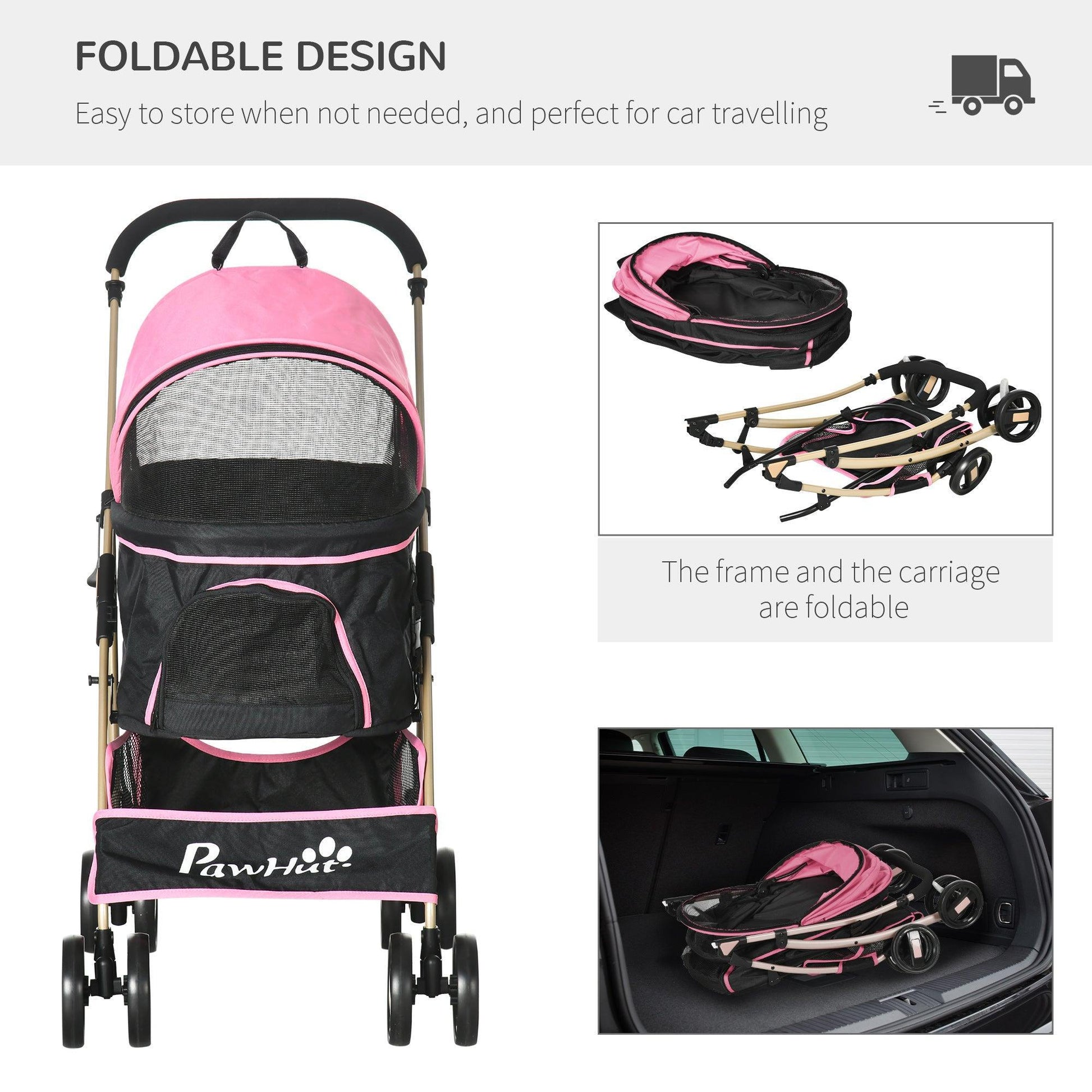 PawHut Pet Stroller: Foldable 3-In-1 Travel Carriage (Pink) - ALL4U RETAILER LTD