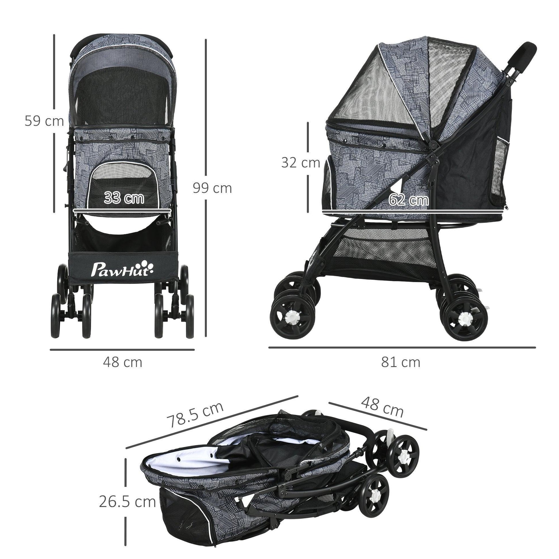 PawHut Pet Stroller - Foldable Carry Bag for Small Pets, Grey - ALL4U RETAILER LTD