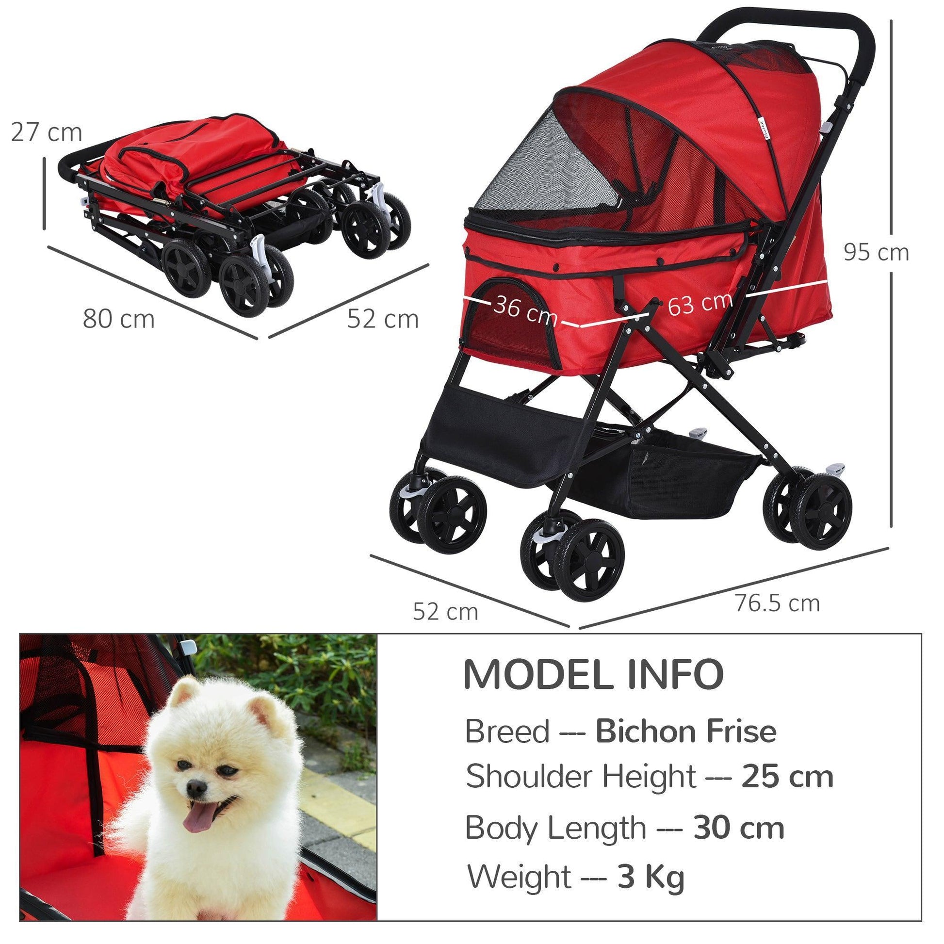 PawHut Pet Stroller: Foldable Jogger, Reversible Handle, Red - ALL4U RETAILER LTD