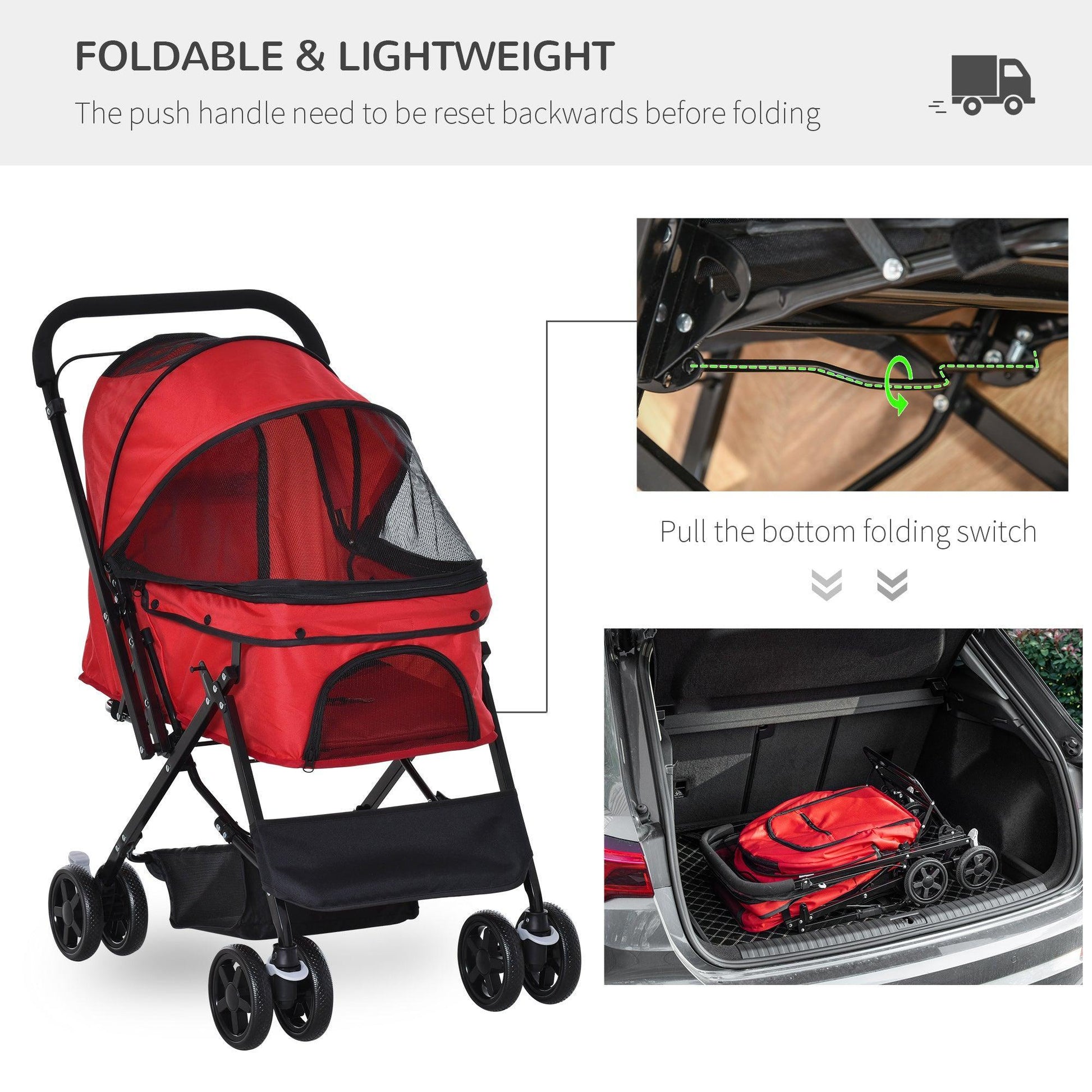 PawHut Pet Stroller: Foldable Jogger, Reversible Handle, Red - ALL4U RETAILER LTD