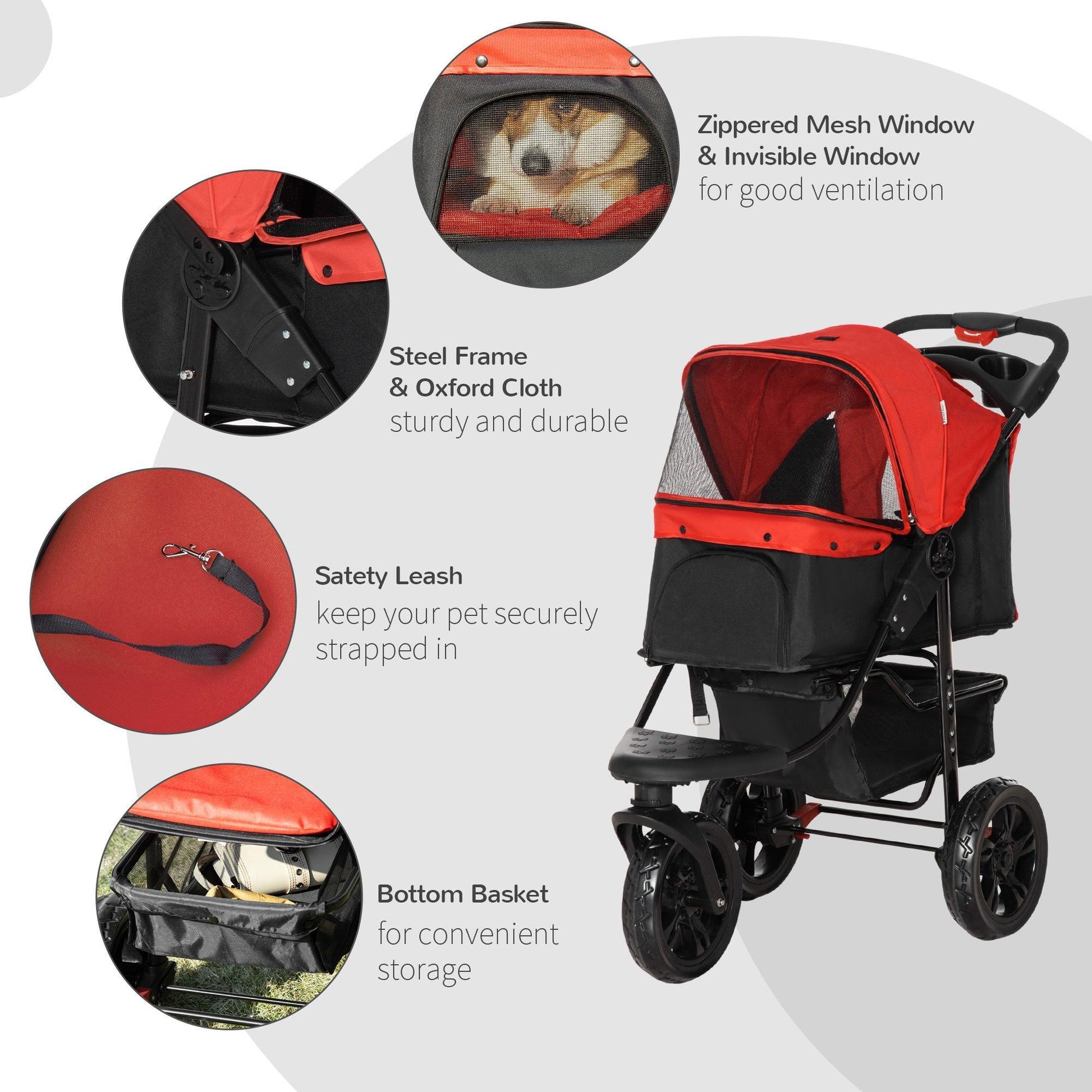 PawHut Pet Stroller: Oxford Cloth Folding 3-Wheel Trolley - ALL4U RETAILER LTD