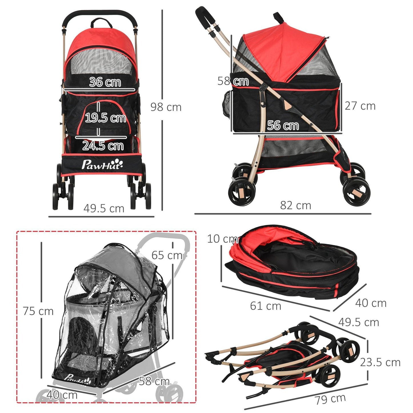 PawHut Pet Stroller with Rain Cover - 3-in-1 Design - ALL4U RETAILER LTD