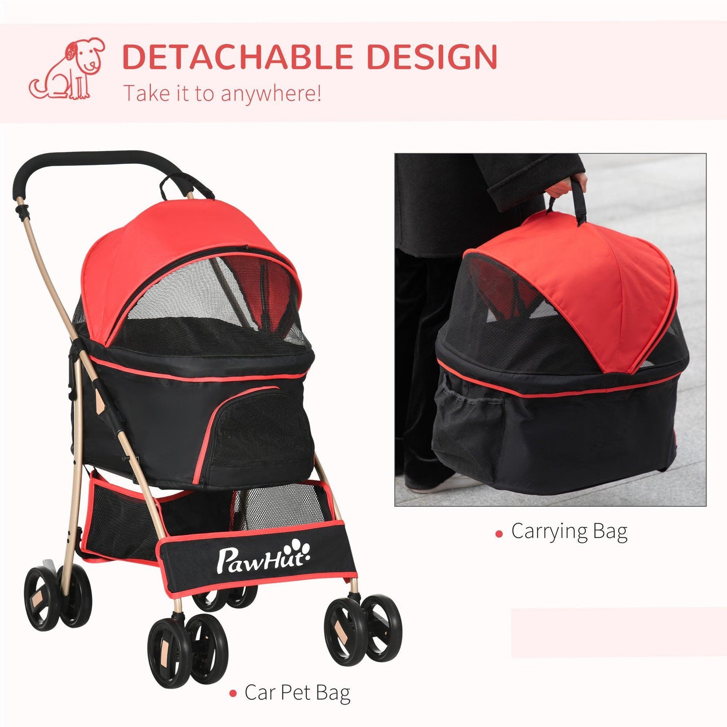 PawHut Pet Stroller with Rain Cover - 3-in-1 Design - ALL4U RETAILER LTD