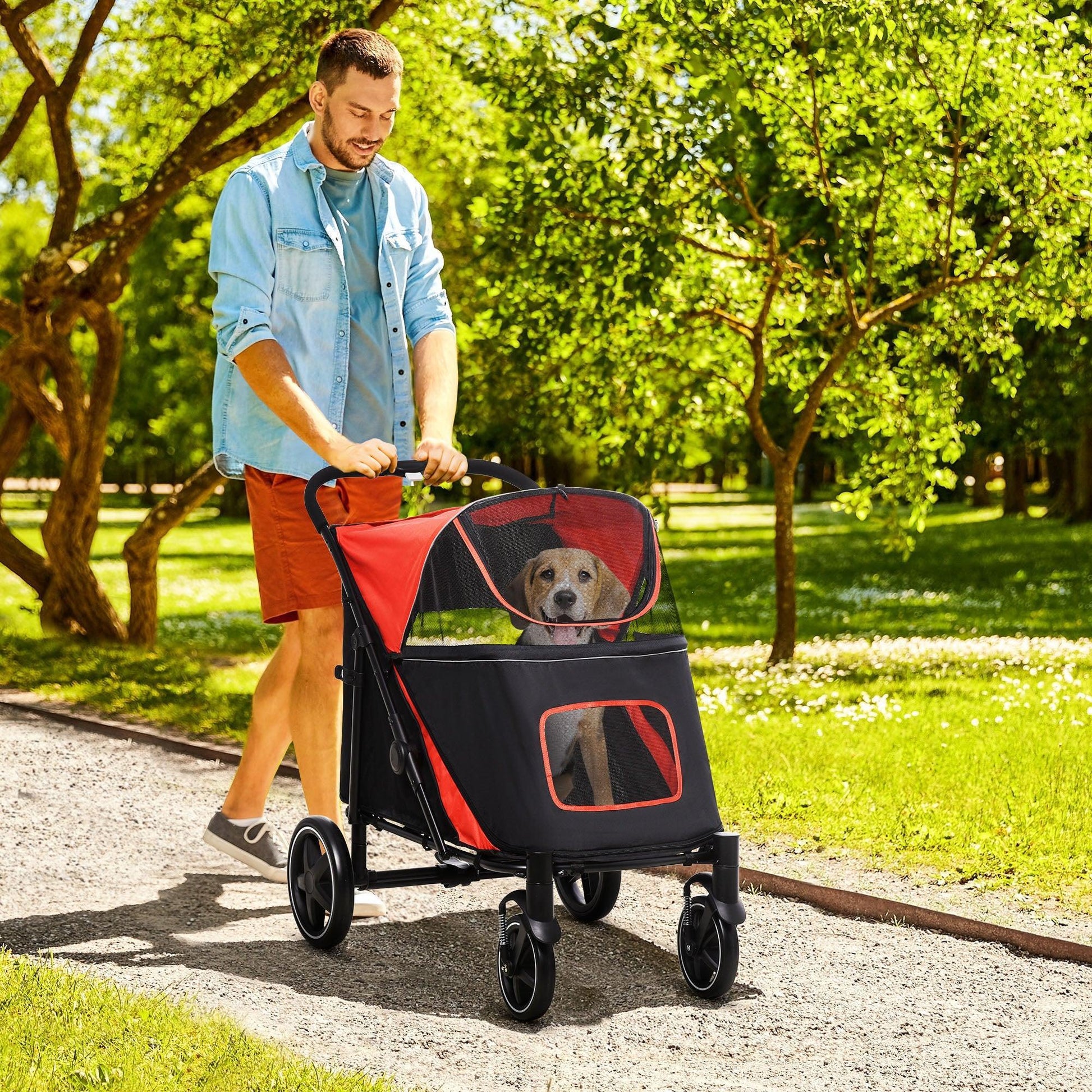 PawHut Pet Stroller with Shock Absorber - Red - ALL4U RETAILER LTD