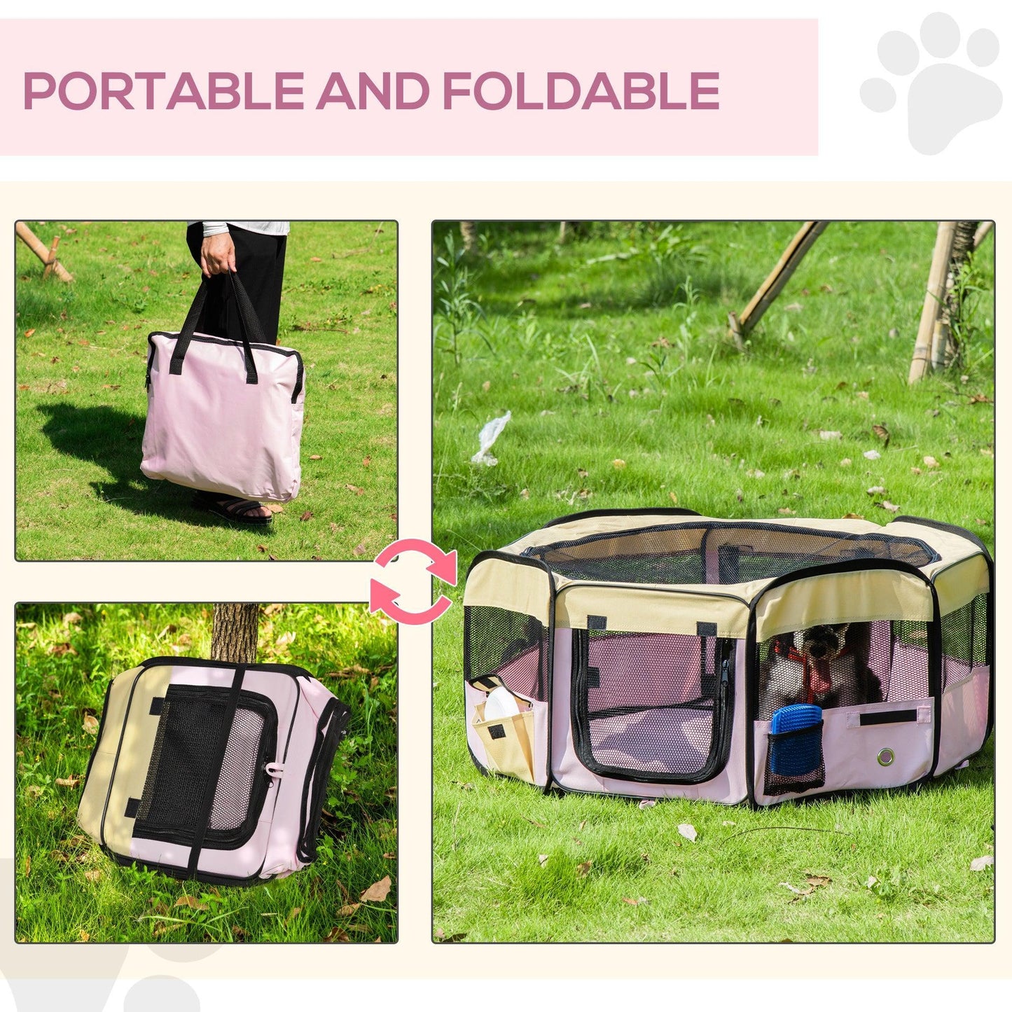 PawHut Pink Pet Playpen - Small (L37 x H37cm x D90cm) - ALL4U RETAILER LTD