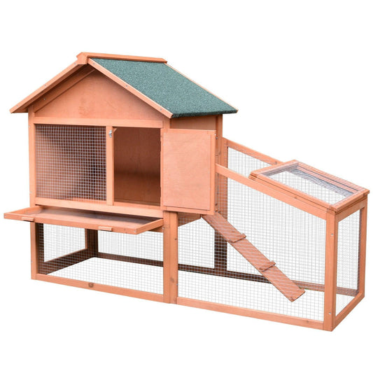 PawHut Rabbit Cage: Wood House, Slide Tray, Roof, 144 cm - ALL4U RETAILER LTD