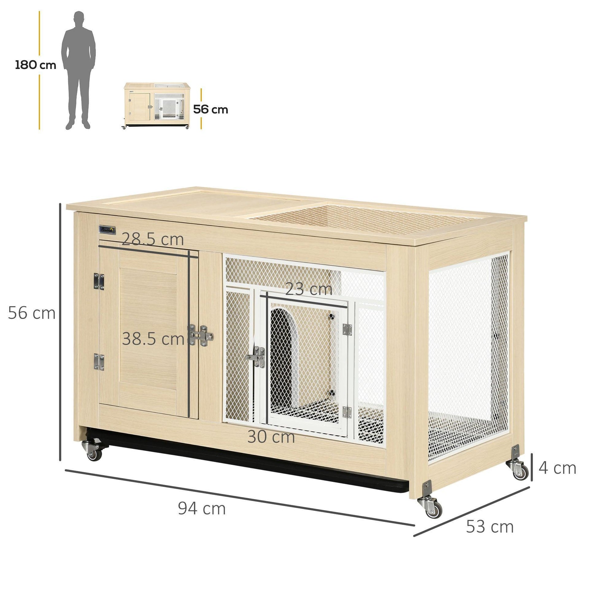 PawHut Rabbit Hutch with Wheels and Openable Roof, 94 x 53 x 56cm - ALL4U RETAILER LTD