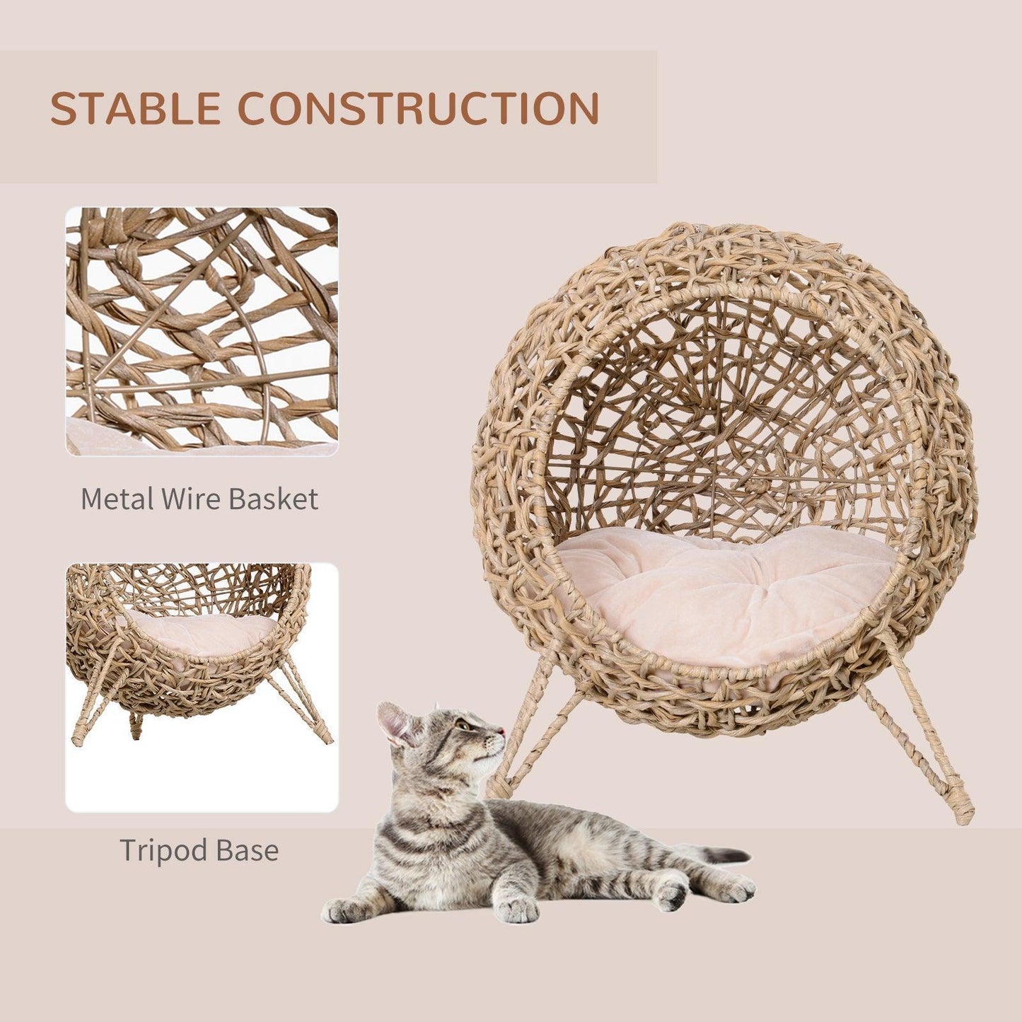 PawHut Rattan Cat Bed - Cozy Elevated Basket, Natural Wood - ALL4U RETAILER LTD