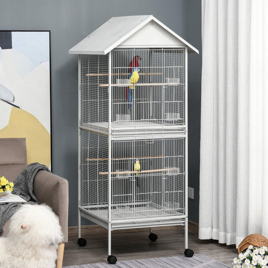 PawHut Rolling Metal Bird Cage with Stand - White - ALL4U RETAILER LTD