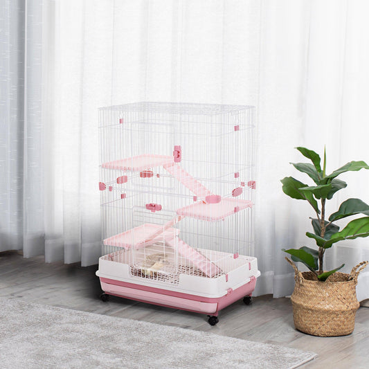 PawHut Small Animal Cage - Pink, 4-Tier Design - ALL4U RETAILER LTD