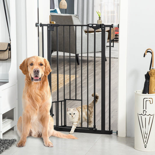 PawHut Tall Cat-Door Dog Gate, Auto Close, 104cm, Black - ALL4U RETAILER LTD