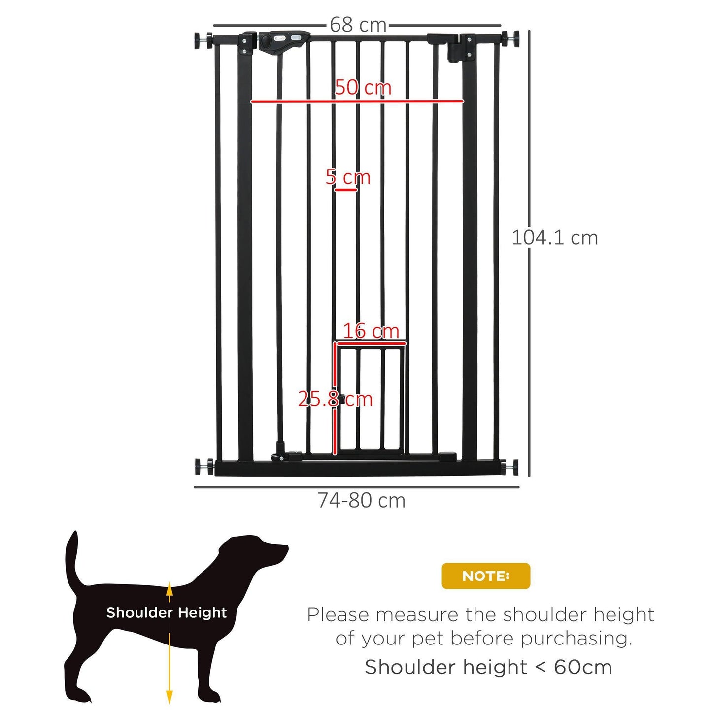 PawHut Tall Cat-Door Dog Gate, Auto Close, 104cm, Black - ALL4U RETAILER LTD