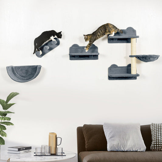 PawHut Wall-Mounted Cat Shelves Set - Grey & Cream - ALL4U RETAILER LTD
