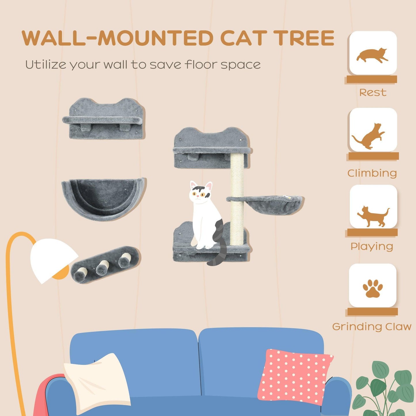 PawHut Wall-Mounted Cat Shelves Set - Grey & Cream - ALL4U RETAILER LTD